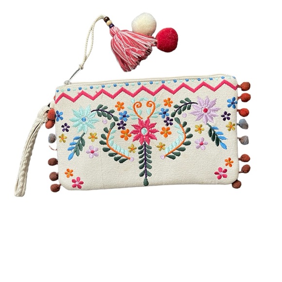 2 Chic Handbags - 2 Chic embroidered pom tassel clutch